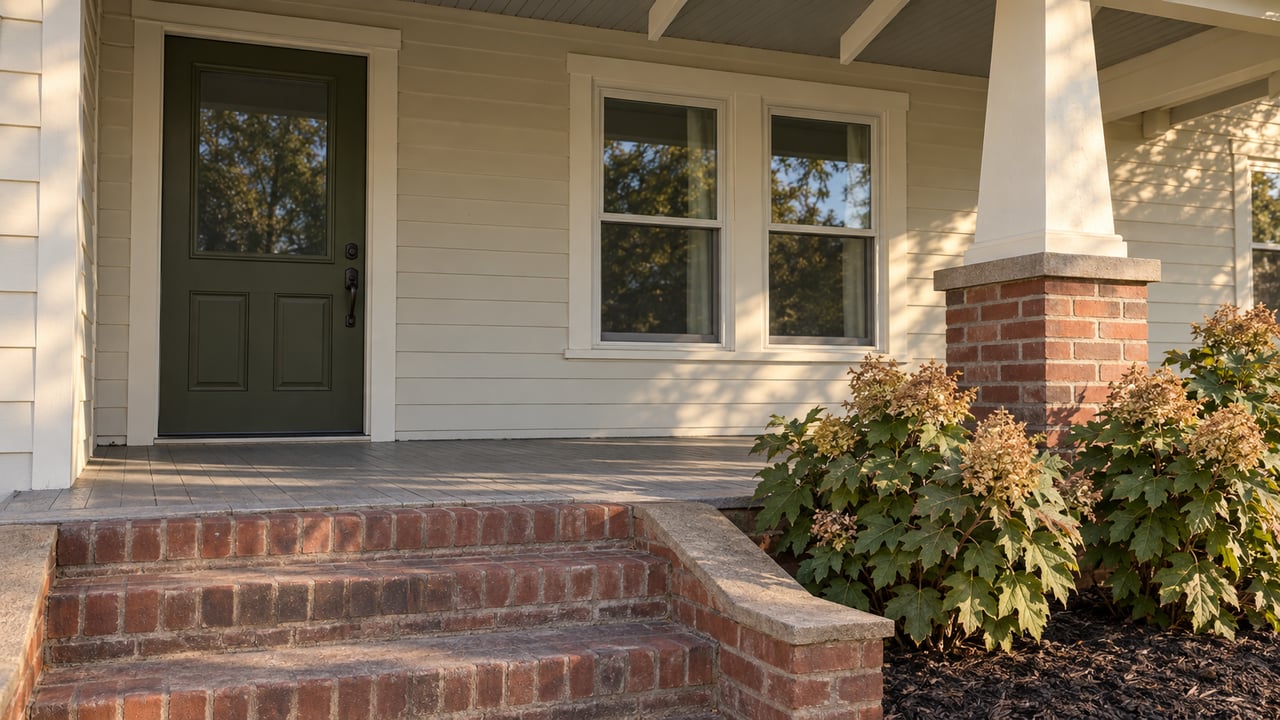 Sunlight crosses a cream clapboard porch with an olive door, paired sash windows, worn brick steps and oakleaf hydrangeas.