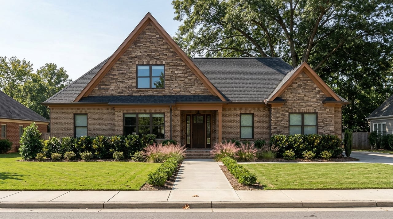Two-story brick-and-stone home with steep gables, a covered entry, and a broad oak shading the front lawn.