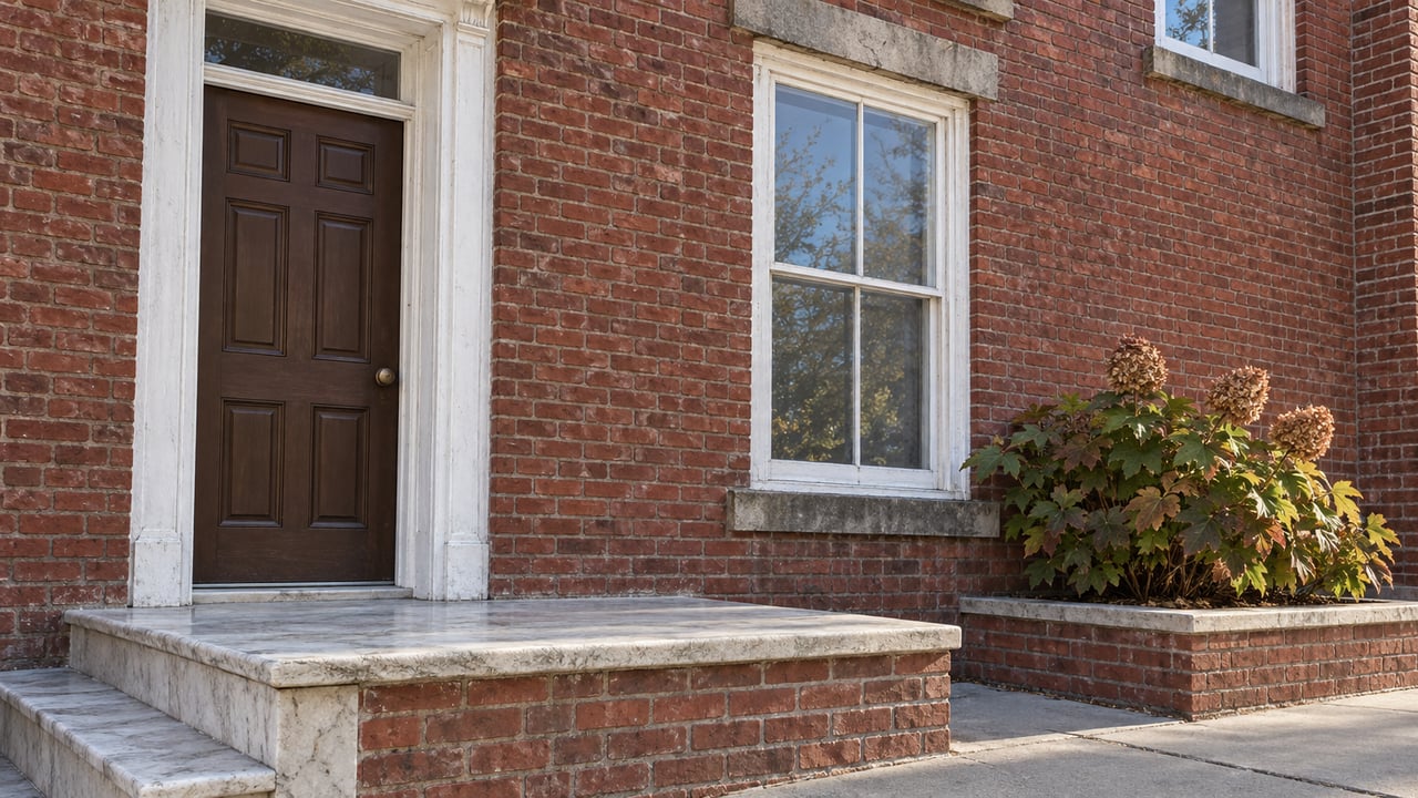 Red-brick home with a brown paneled door, white-trimmed sash windows, worn marble landing and oakleaf hydrangea in a brick planter.