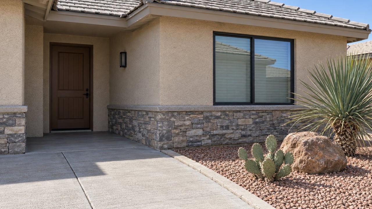 Sand-colored stucco home with gray roof tiles, a recessed wooden front door, black-framed window, and a concrete walk beside gravel planted with a yucca and prickly pear.