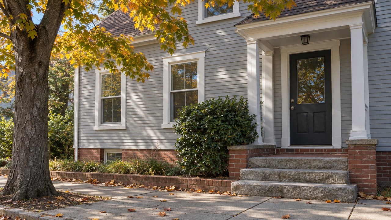 Weathered gray clapboard house with brick foundation, raised stoop, and amber maple beside the sidewalk.