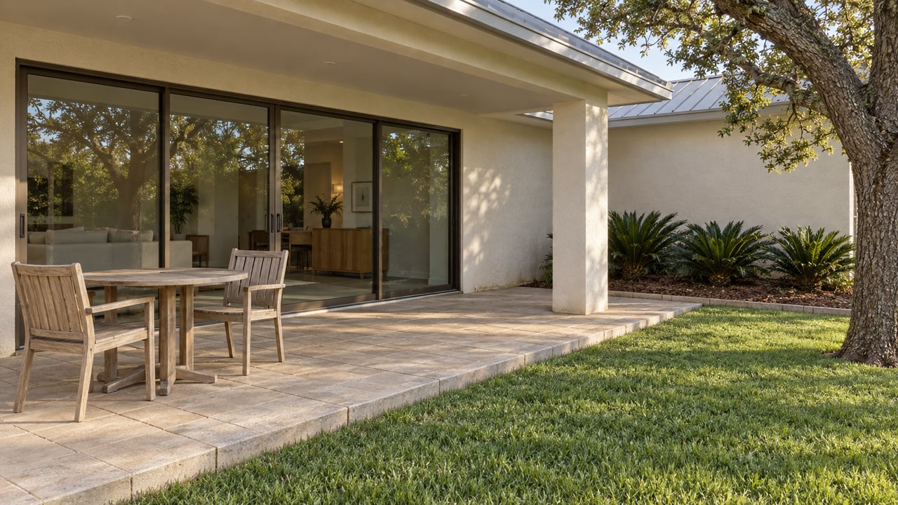 Sunlit teak dining furniture on a sand-colored patio beside an ivory stucco home, closed sliding glass doors, and a live oak shading the lawn.