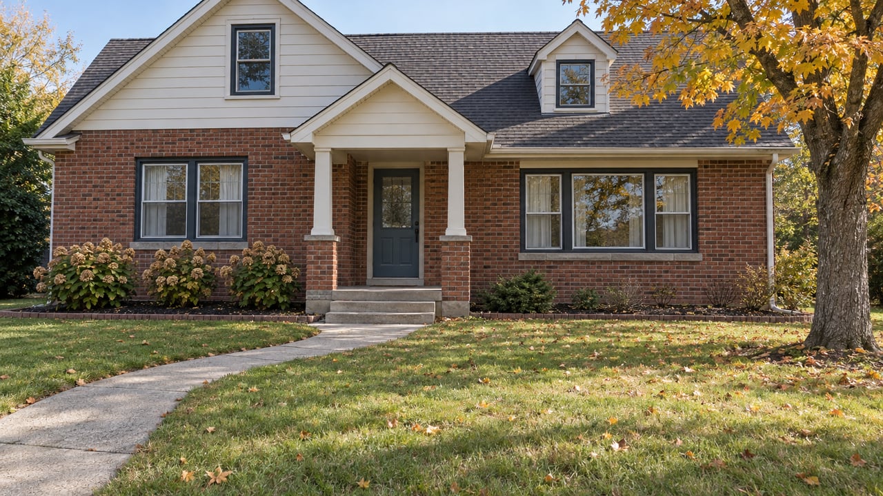 Well-kept brick and ivory-sided home with a blue front door, generous autumn lawn and a maple tree.