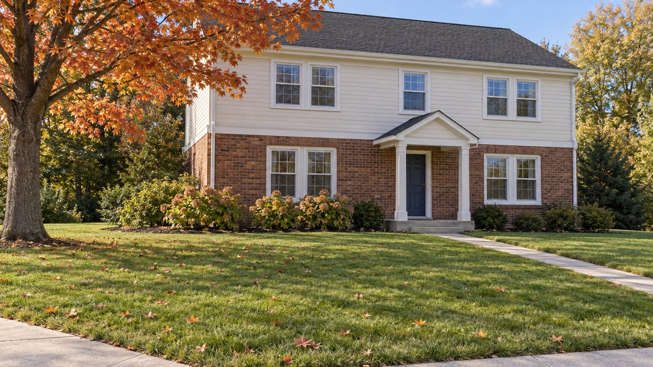 An established two-story brick and ivory-sided house behind a broad autumn lawn, with a maple tree and a small covered entry.