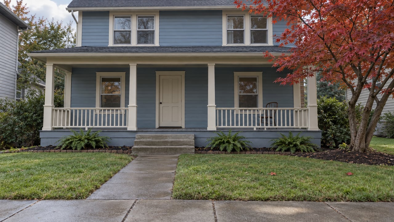 Sky-blue two-story house with a covered porch, concrete path, uneven lawn, and copper-red maple tree.