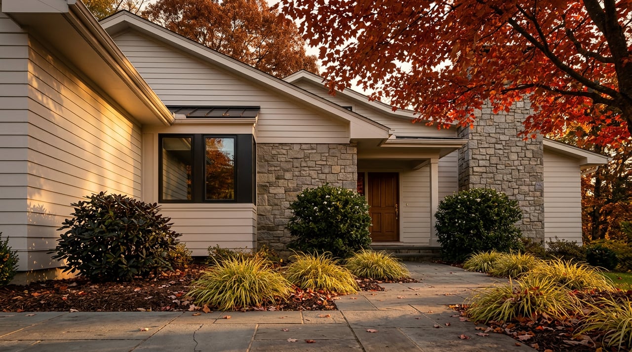 Two-story light-sided home with a stone entry, bluestone path, and red-orange autumn canopy.