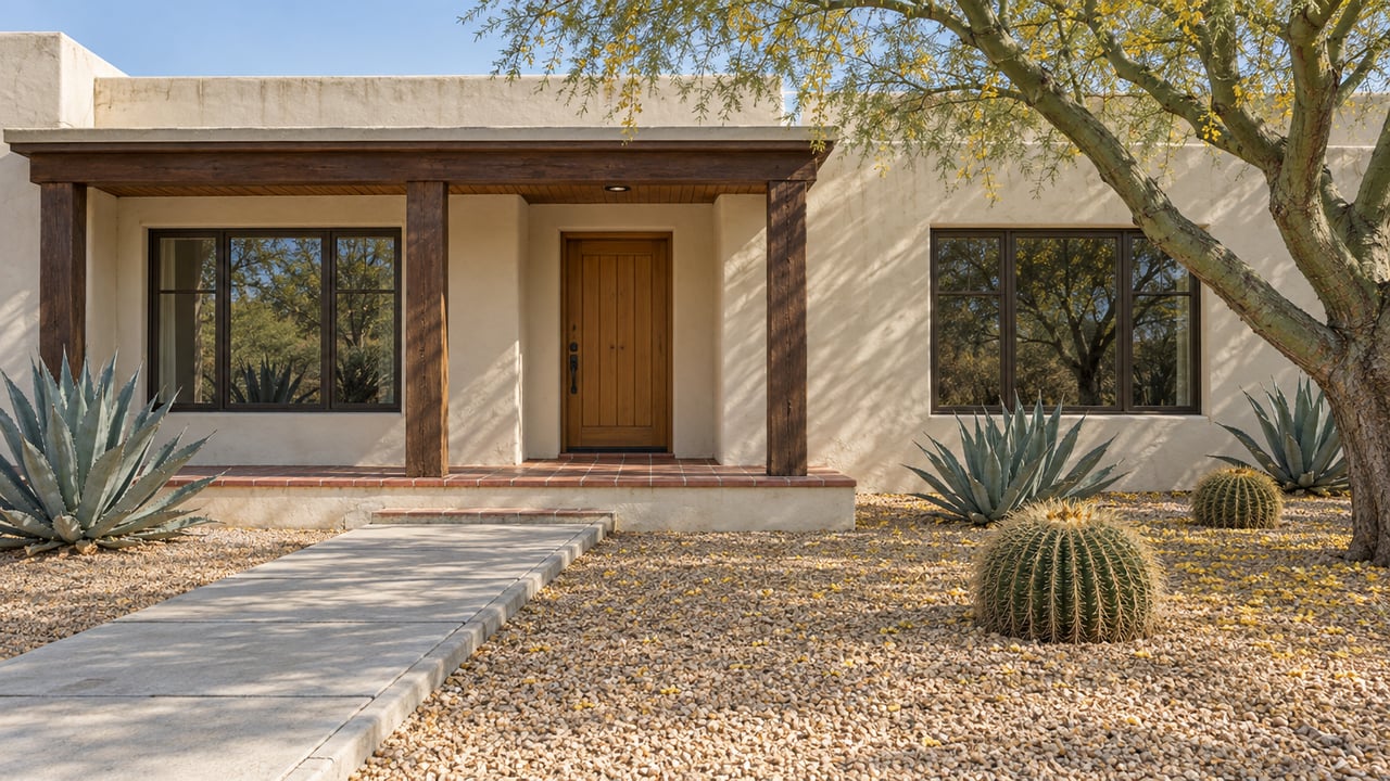 Cream stucco bungalow with a timber porch, clay tile entry and a spacious gravel garden planted with a blue palo verde, barrel cacti and agaves.