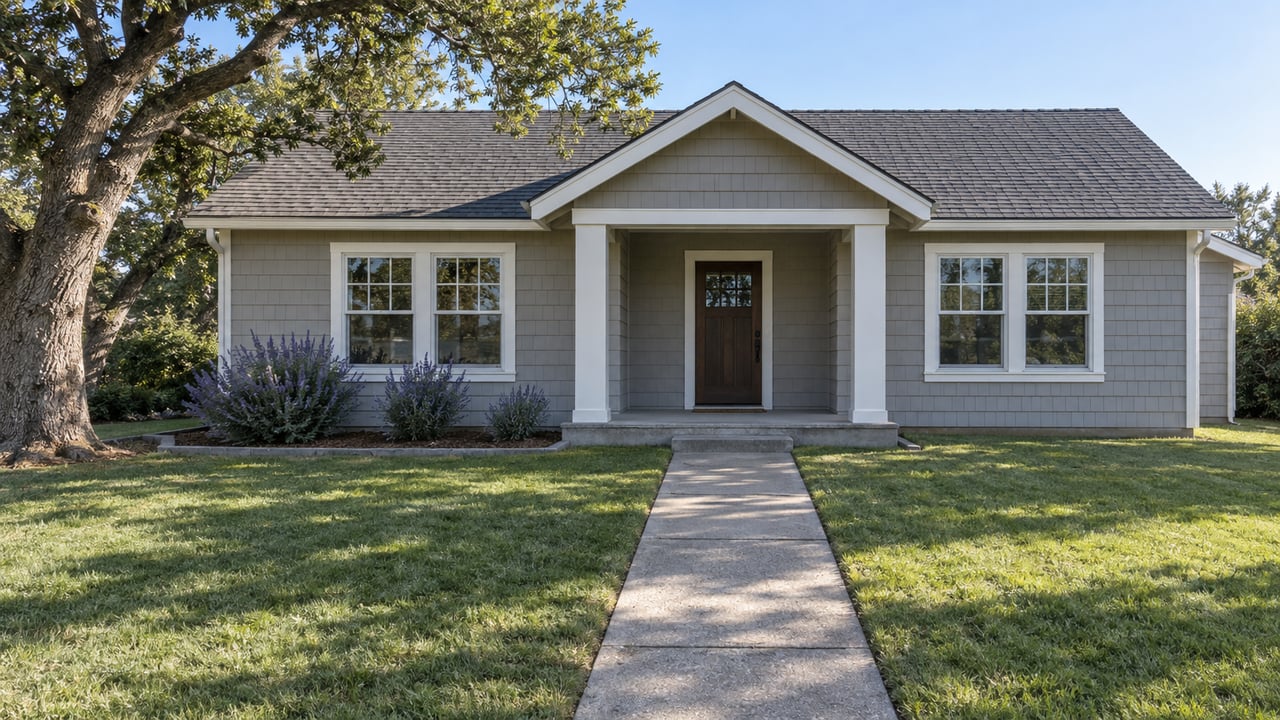 A gray-shingled single-story house behind a deep lawn and concrete walkway, with a mature oak and flowering sage beside its porch.