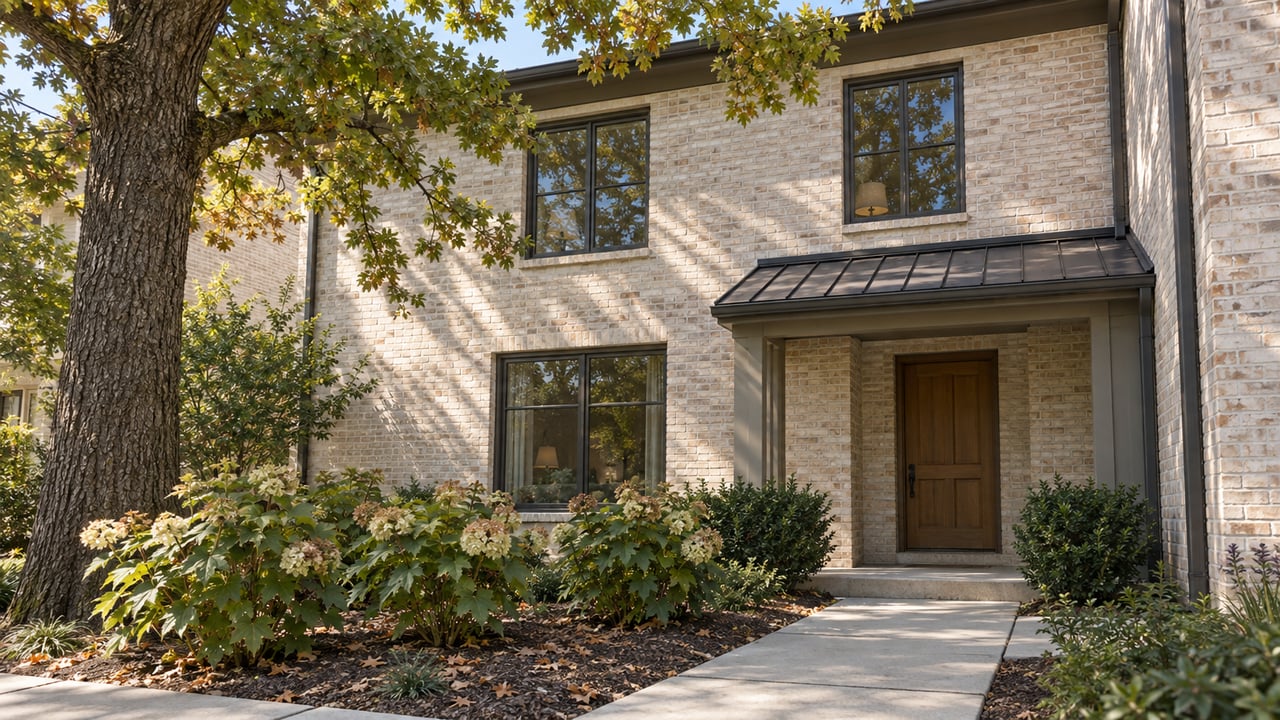 Ivory-brick townhouse with recessed timber door, concrete approach, front garden, and oak canopy.