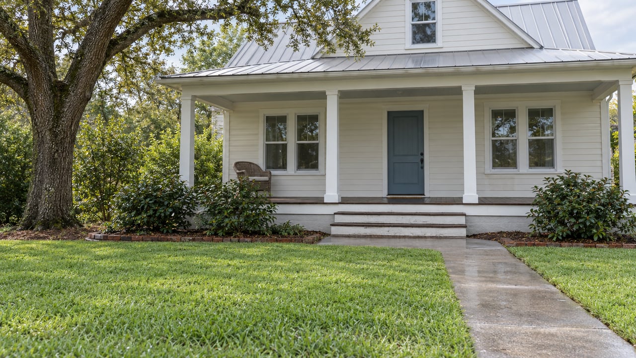 Ivory wood-sided home with a blue front door and covered porch beyond a broad lawn, with a mature live oak and a concrete front walk.