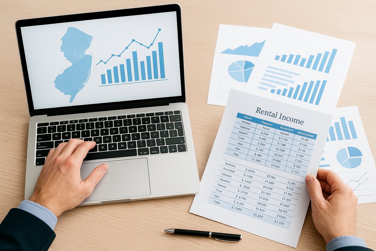 Investor analyzing Northern New Jersey real estate market trends on a laptop.