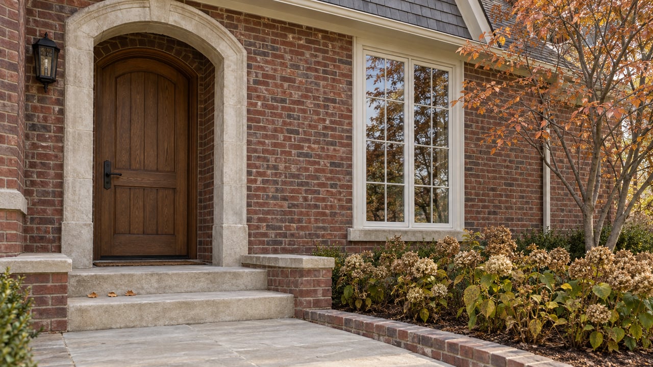 Brick home entry with an arched oak door, divided-light window, limestone steps, and copper-orange leaves.