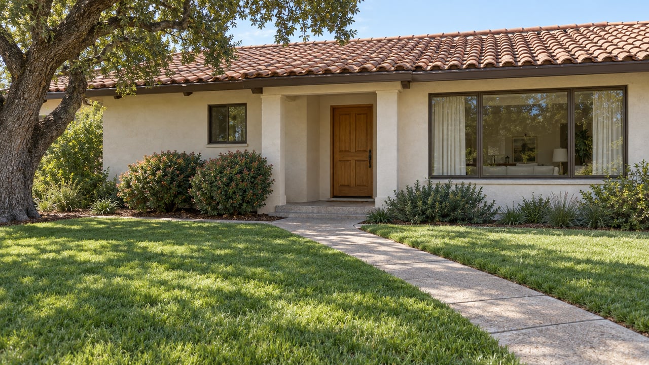 A cream stucco single-story home with a terracotta tile roof, sheltered wood front door, deep lawn, and mature oak.