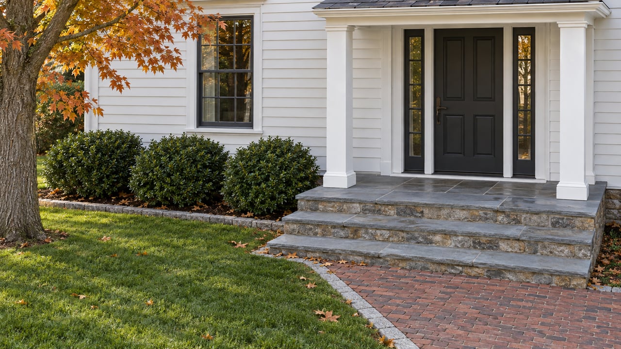 White clapboard home entry with dark door, stone steps, brick approach and copper-orange maple foliage.