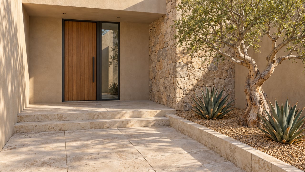 Sand-stucco residential entry with a recessed wood door, pale stone steps and sculptural desert planting.