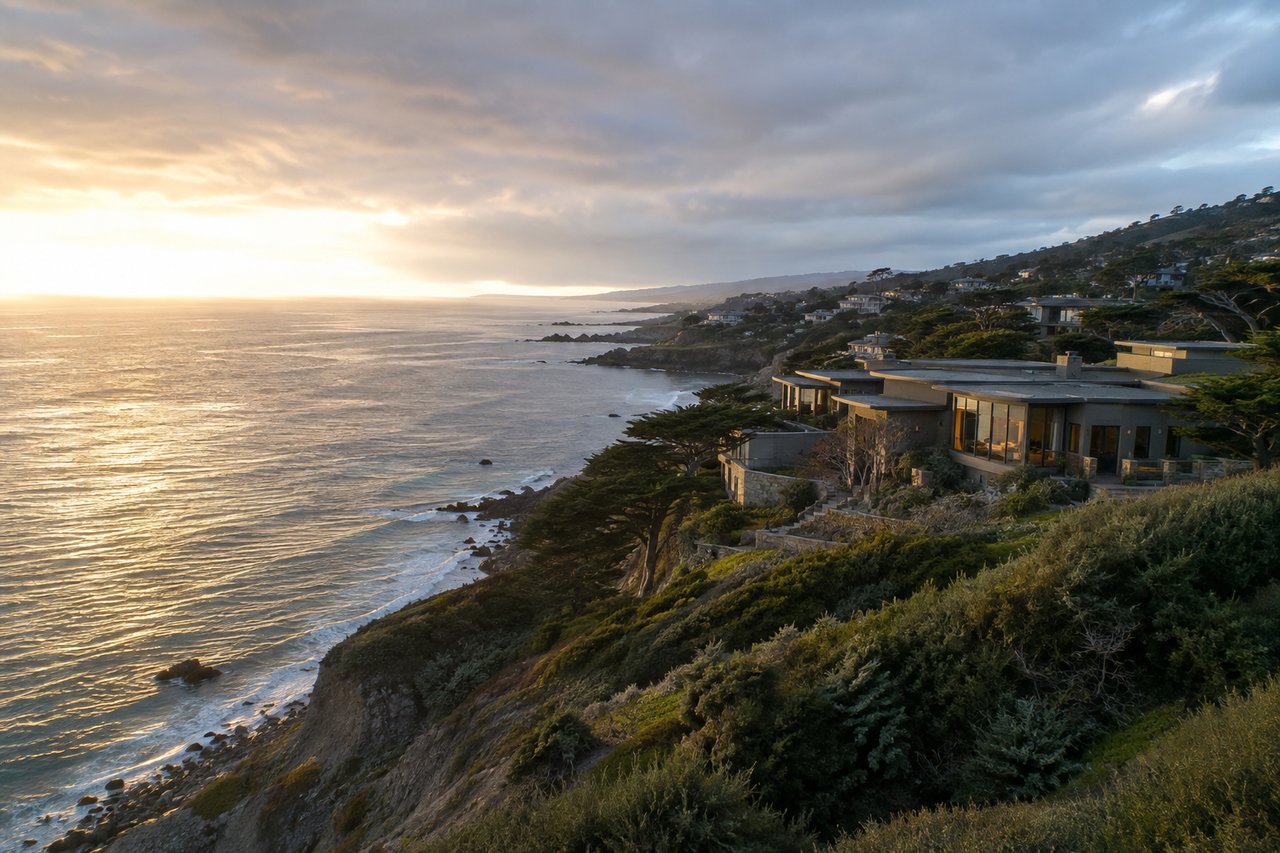 Architectural coastal luxury residence integrated into a dramatic San Luis Obispo County shoreline setting.