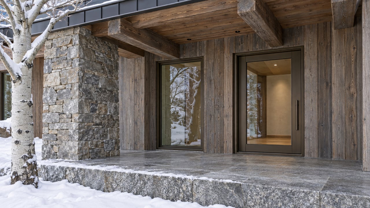 Snow edging a granite entrance beneath weathered timber beams, beside a quartzite pier, cedar siding and bronze-framed glass.