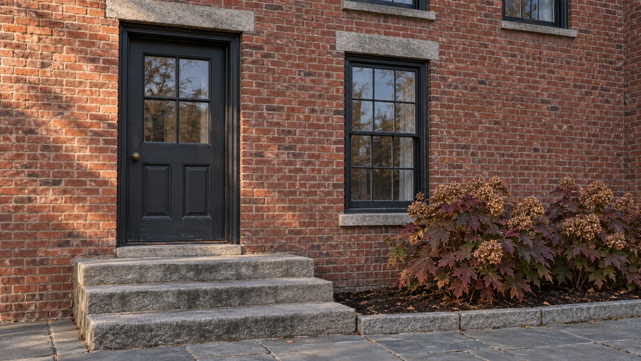Autumn light on a historic red-brick home's charcoal front door, granite steps and burgundy oakleaf hydrangeas.