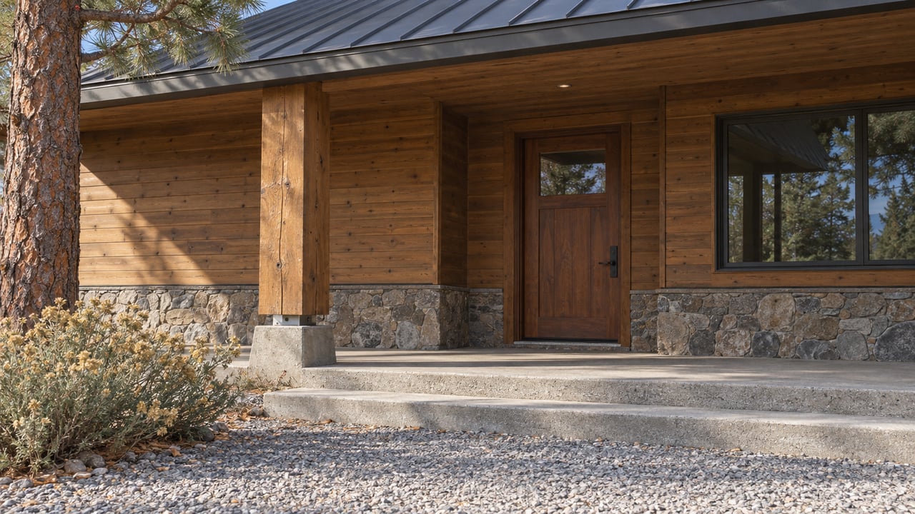 Timber-sided country home entry with a charcoal metal roof, stone foundation and concrete steps meeting a gravel approach.