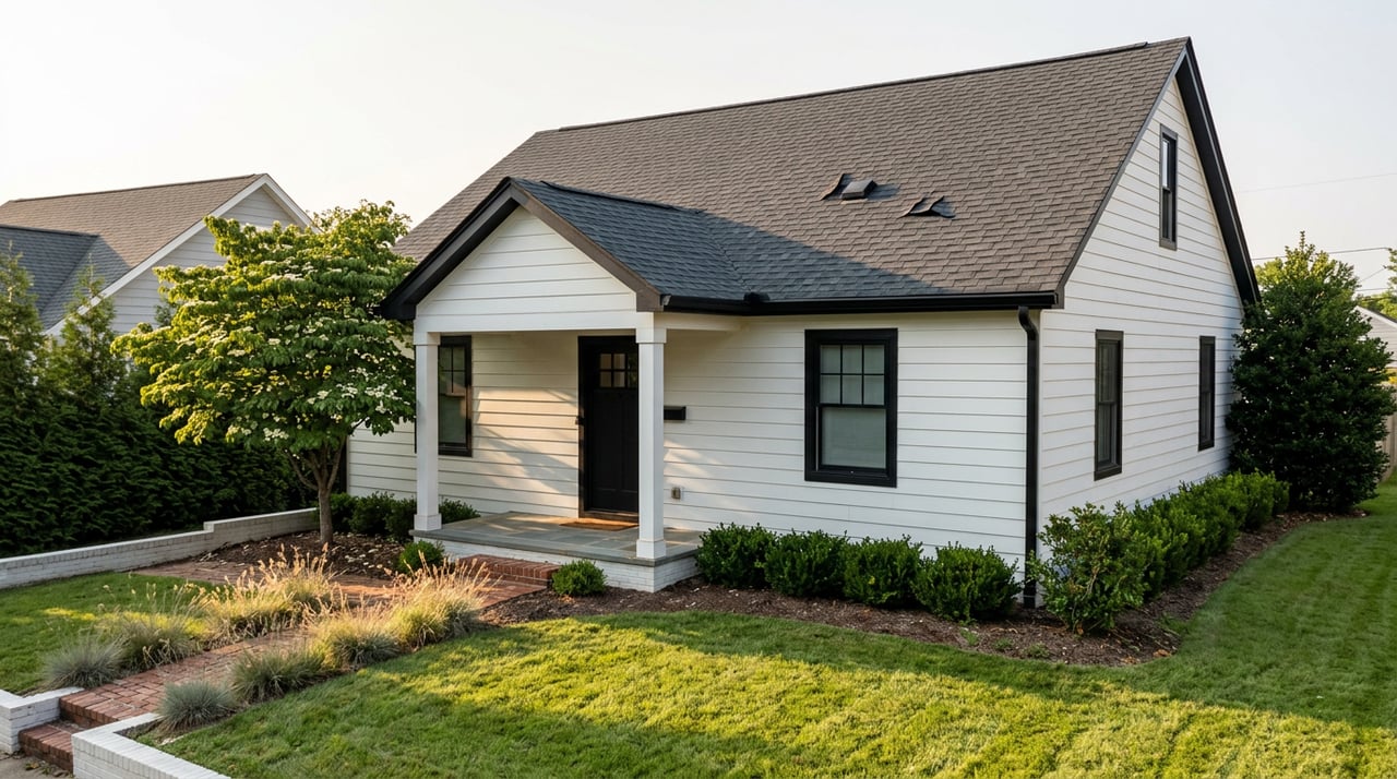 White-sided, porch-front suburban home with a gabled roof, dogwood tree, and deep lawn.