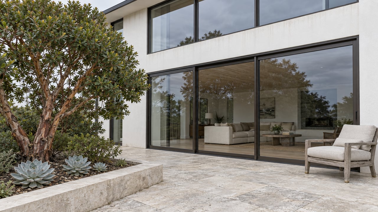 White stucco home with tall bronze-framed glazing, a limestone terrace, a teak chair and a sculptural strawberry tree.
