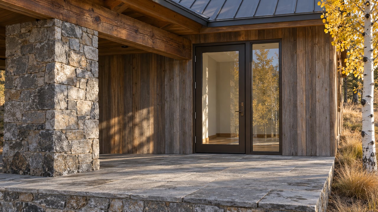 Covered home entry with weathered timber, gray stone masonry, bronze-framed glass and golden aspen foliage beside a raised sandstone terrace.