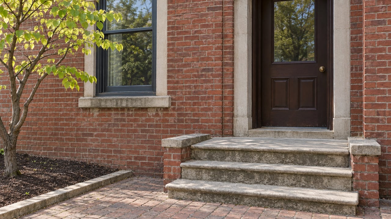 Red brick home entry with a dark timber door, tall sash window, weathered stone steps and a yellowing redbud tree.
