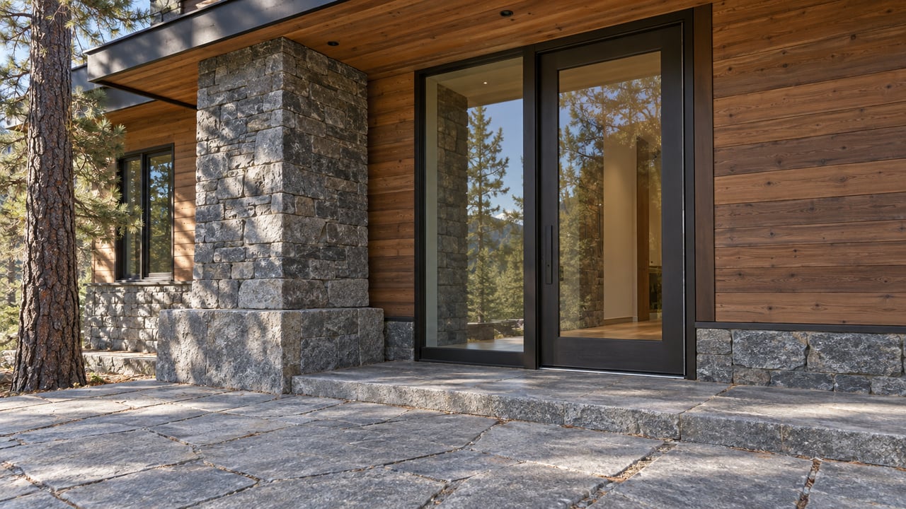Mountain lodge entry with a glazed bronze-framed door, charcoal stone pier, cedar siding, and granite paving.