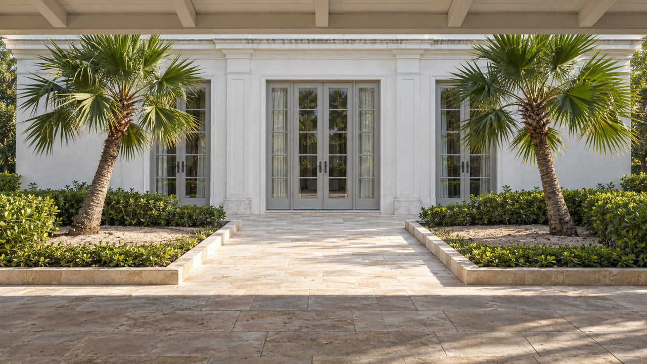 White classical estate facade with three glazed French-door openings, limestone terrace and two fan palms in curbed garden beds.