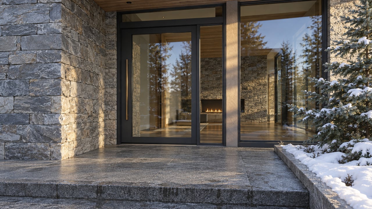 Sheltered contemporary home entry with gray quartzite, bronze door pull, broad granite landing and snow on an adjacent spruce planting bed.