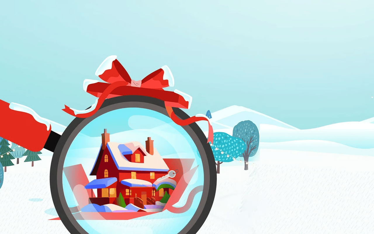 A red house seen through a magnifying glass in a snowy winter landscape.