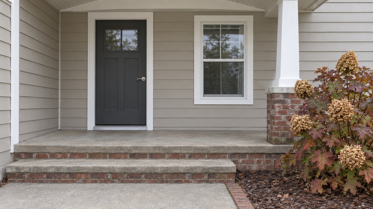 A taupe-sided cottage entry with a charcoal door, white-trimmed window, brick porch pier and autumn oakleaf hydrangea beside concrete steps.