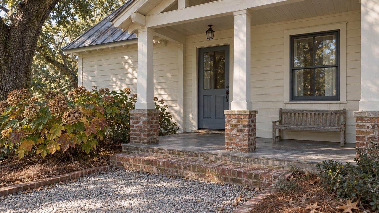 Ivory cottage entry with a metal porch roof, square timber columns, brick steps and an oakleaf hydrangea beside a gravel approach.