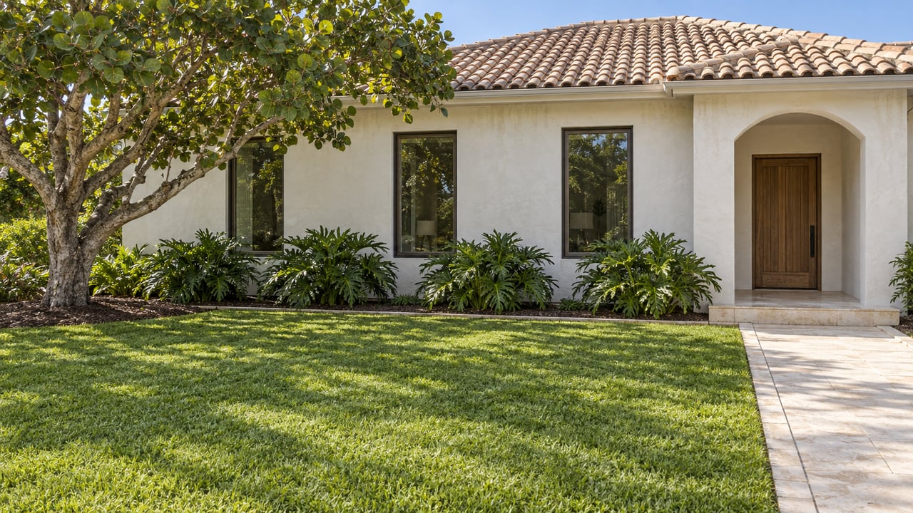 Sunlit pale-stucco residence with a clay tile roof, bronze-framed windows, a limestone entry walk and an established tropical garden across a broad lawn.