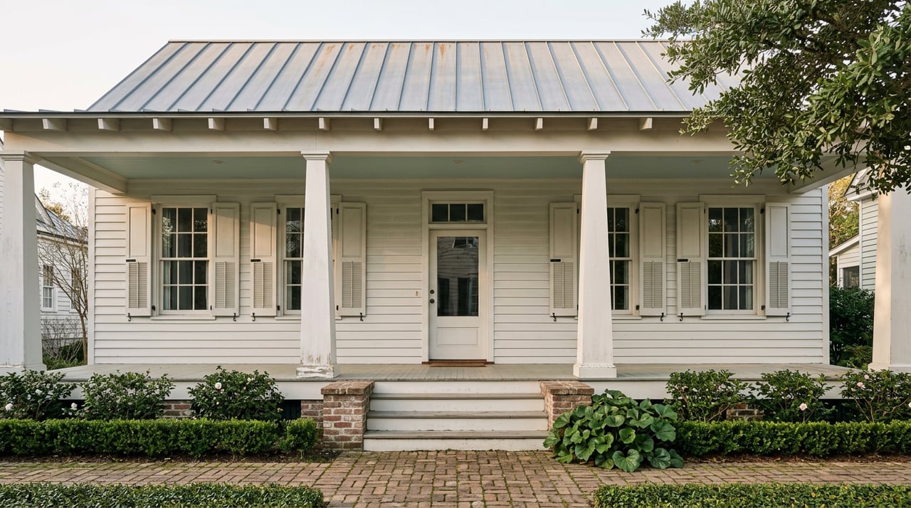 Raised white cottage with tapered porch columns, divided-lite windows, pale blue-green ceiling, and a gray metal roof.