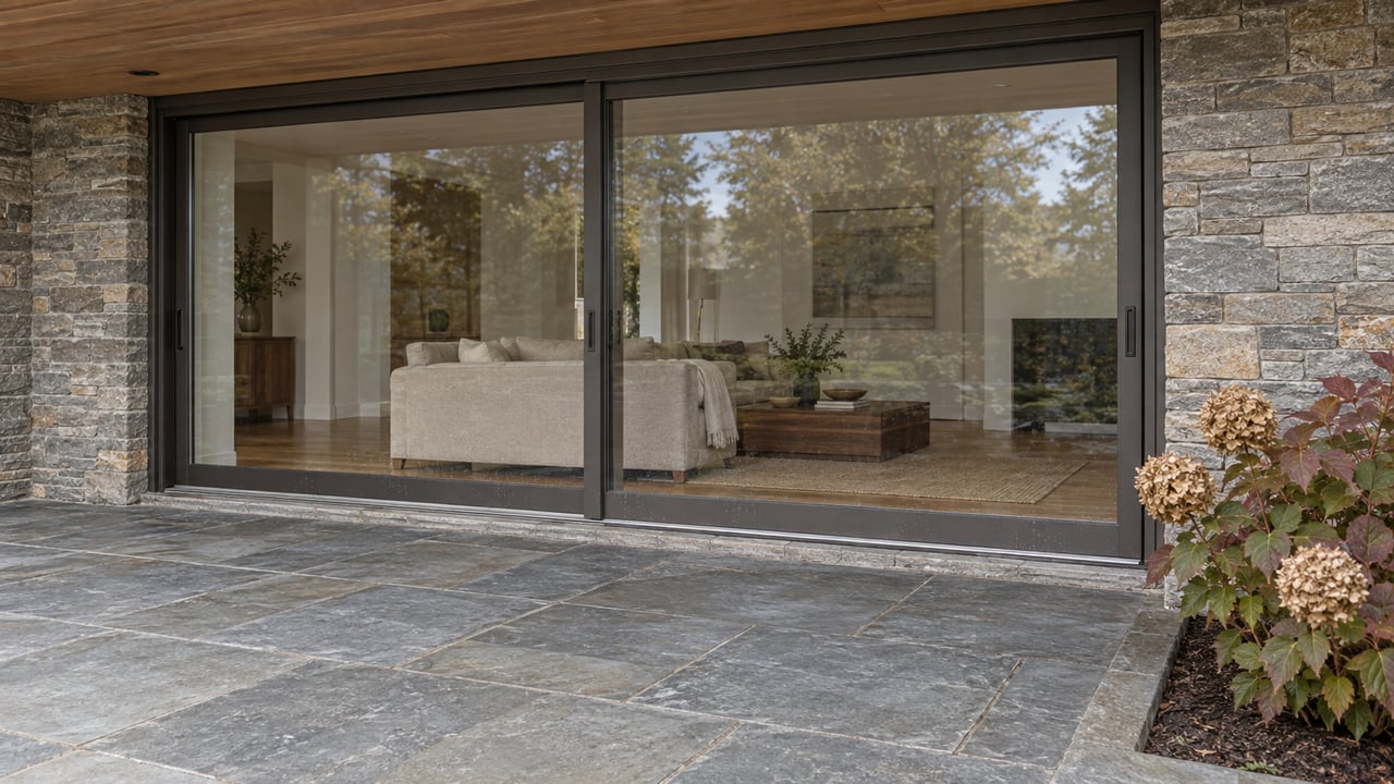 Bluestone patio beneath a cedar overhang facing bronze-framed glass doors, with stone walls and an oakleaf hydrangea bed.