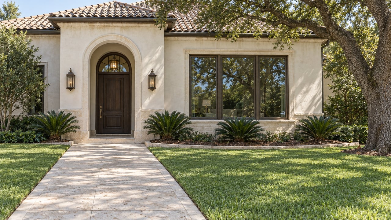 Pale stucco home with a recessed arched entrance, limestone approach, broad lawn and a mature oak casting dappled shade.