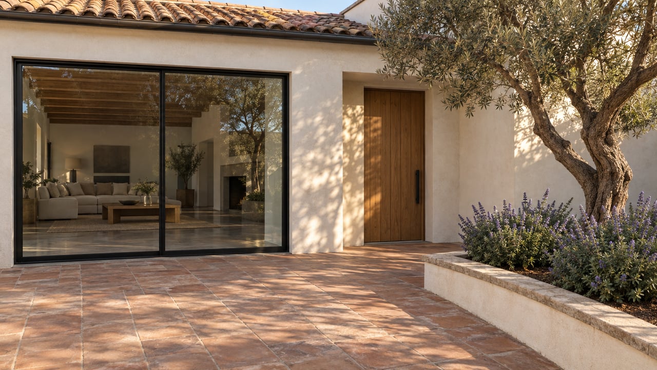 Low view across weathered terracotta courtyard paving toward a cream stucco home with glass doors, an oak entrance and a sculptural olive tree.