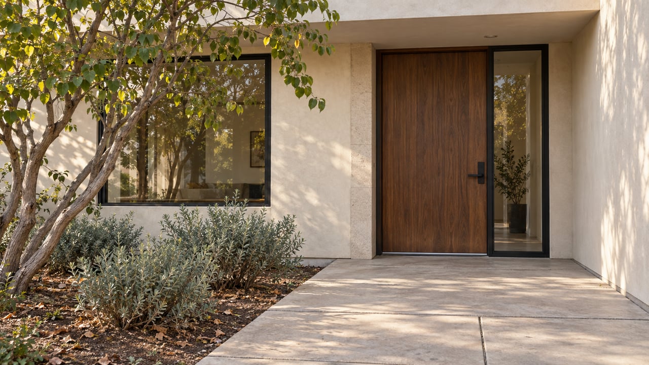 Sunlit modern home entrance with a walnut door, pale stucco, black-framed windows, and a redbud beside a concrete walkway.