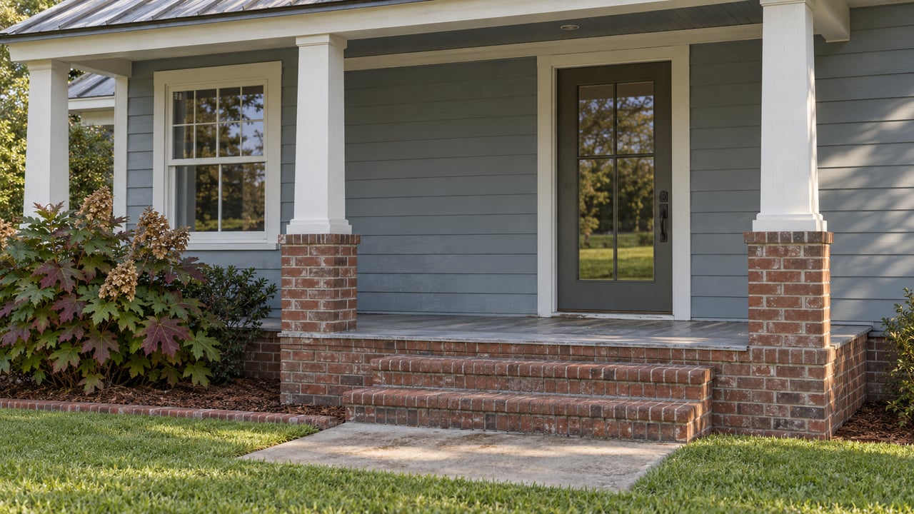 Blue-gray house porch with white posts, weathered brick steps, a concrete path and an oakleaf hydrangea beside the entry.