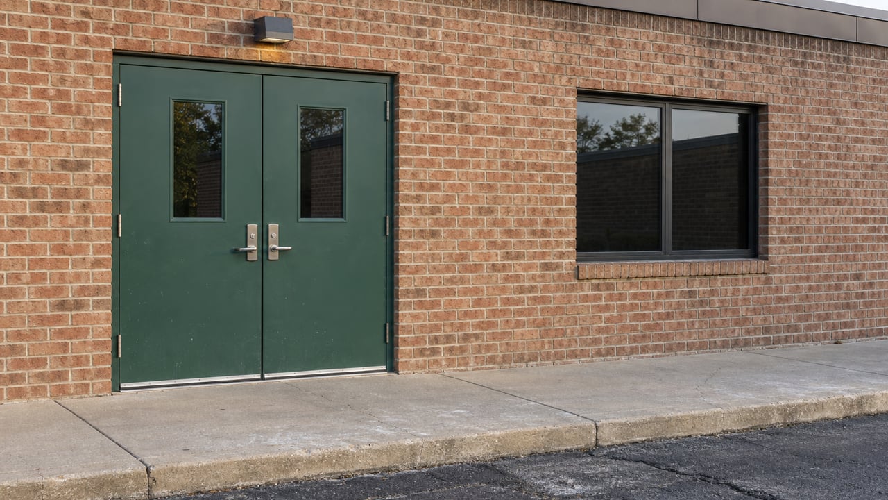 Brick commercial facade with closed green double doors, a dark window, concrete apron, and curb.