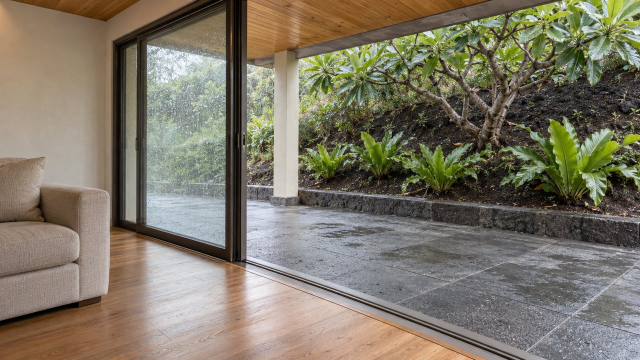 A warm timber-ceilinged living room opens through bronze-framed sliding glass doors to a rain-damp basalt terrace with a flowering tree and bird’s-nest ferns.