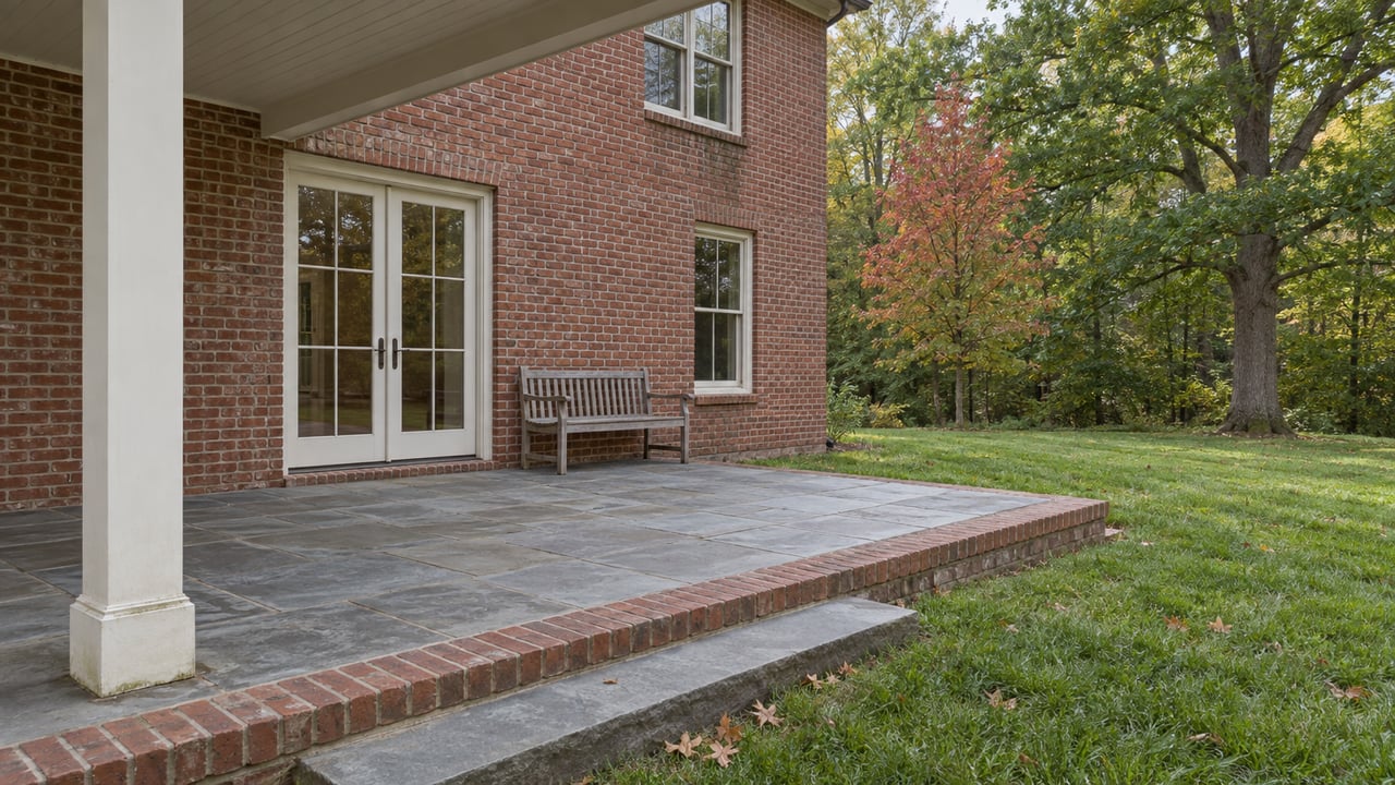 Brick home's covered bluestone terrace with closed white French doors, a teak bench and lawn beneath mature autumn hardwoods.