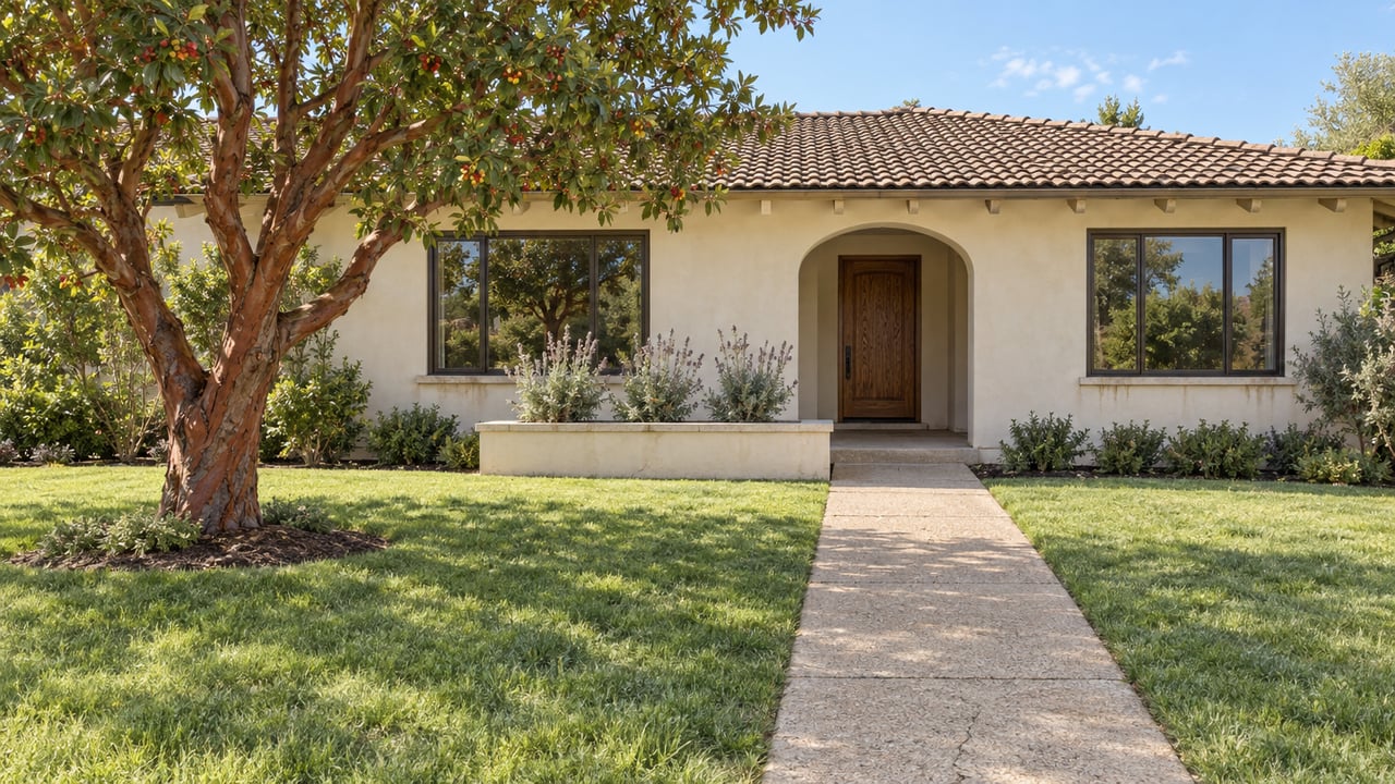 Single-story ivory stucco home behind a deep front lawn, with a curved entry recess, oak door, clay-tile roof and one spreading strawberry tree.