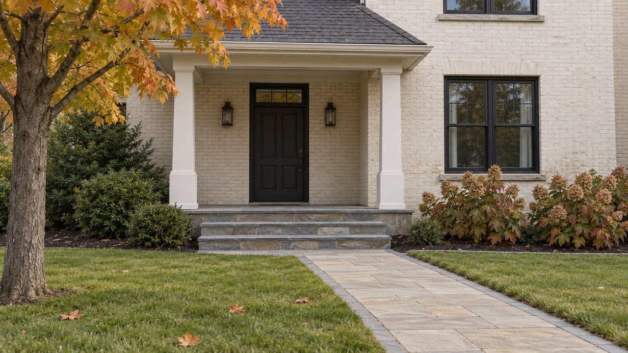 Painted-brick home with a covered charcoal front door, sandstone steps, a broad lawn and amber autumn maple foliage.