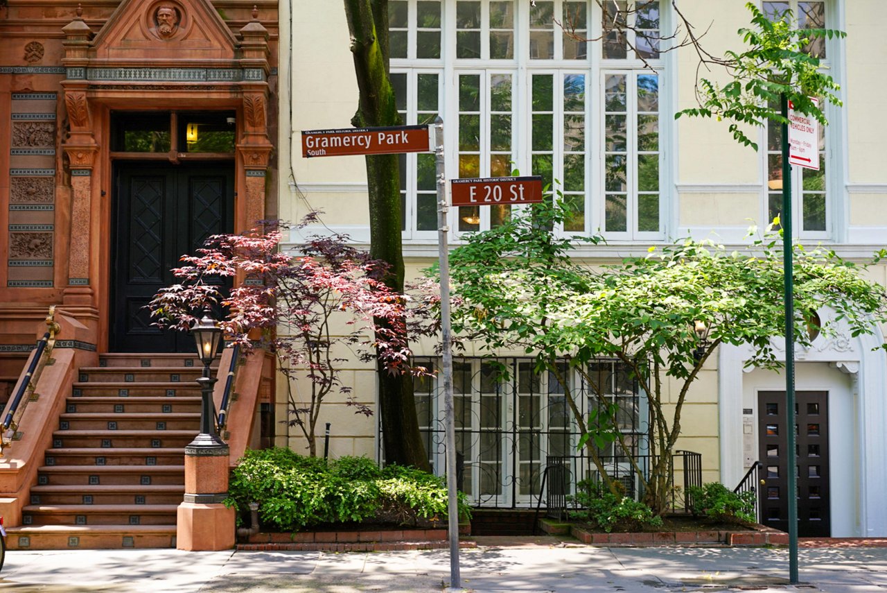 Gramercy Park in New York City, showing the gated green space that is only accessible to select residents.
