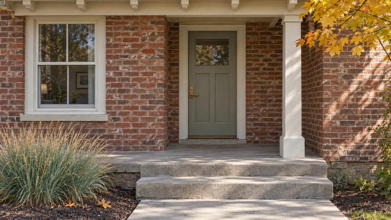 Close view of a brick cottage entry with a sage-gray door, painted wood porch trim, concrete steps and golden maple leaves.