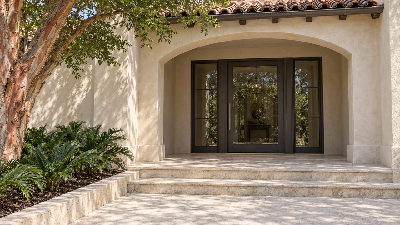 Cream stucco arched entrance with a bronze glazed door, limestone steps, clay roof tiles and a copper-barked tree.