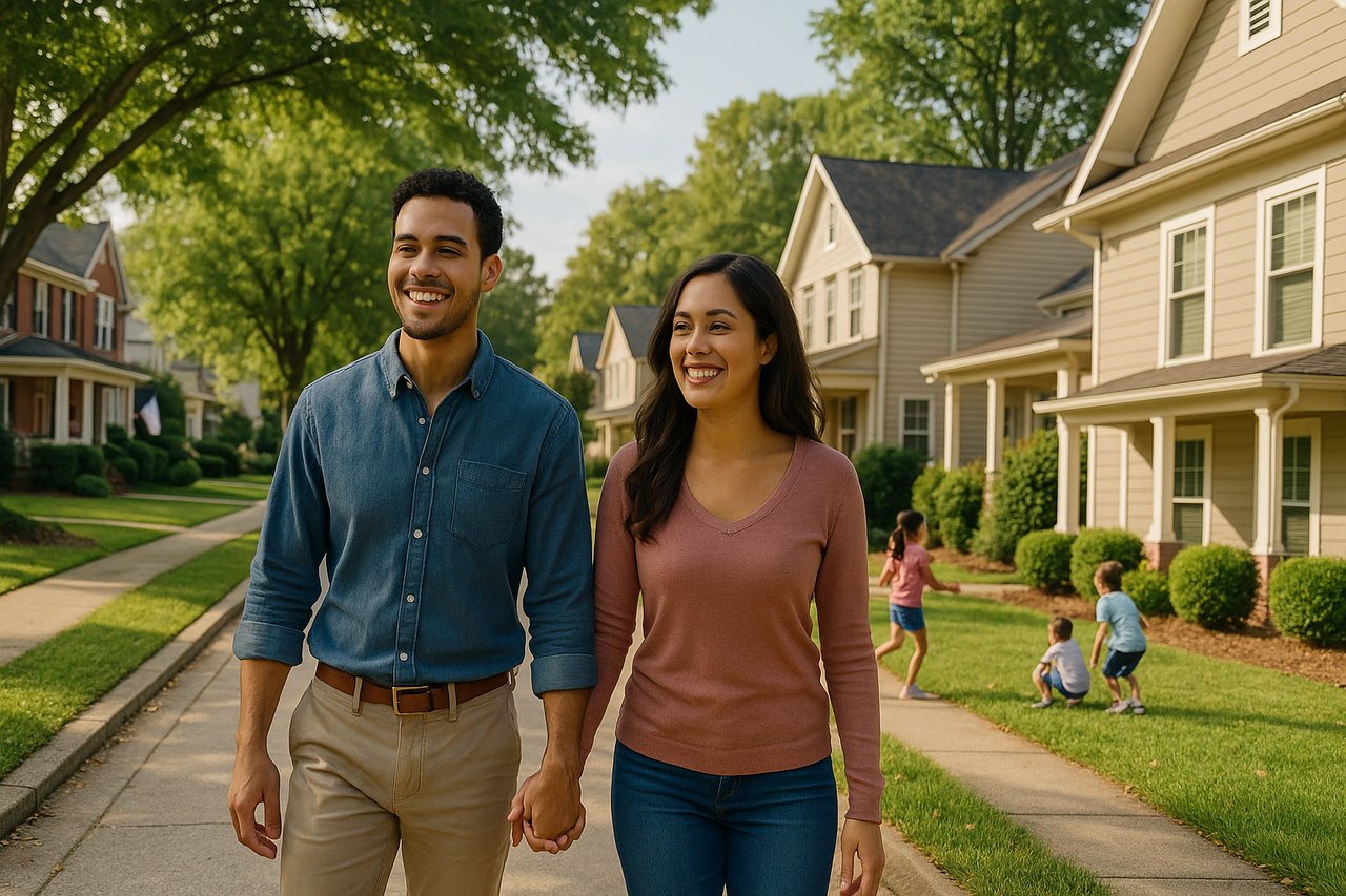 Young couple walking through a friendly Georgia neighborhood with homes, trees, and children playing in the background.