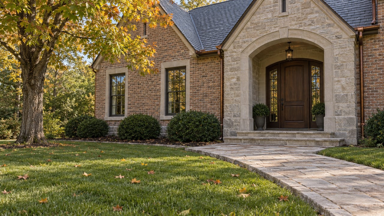Stone and brick estate entry with a broad lawn, sandstone walk and autumn sugar maple.